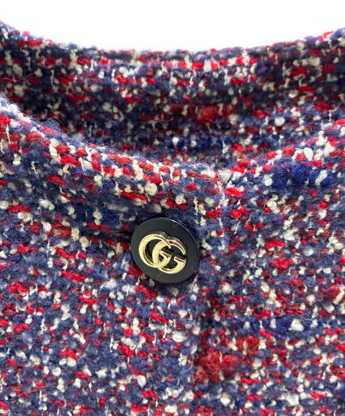 GUCCI（グッチ）GUCCI (グッチ) ノーカラーツイードジャケット レッド×ブルー サイズ:38の古着・服飾アイテム