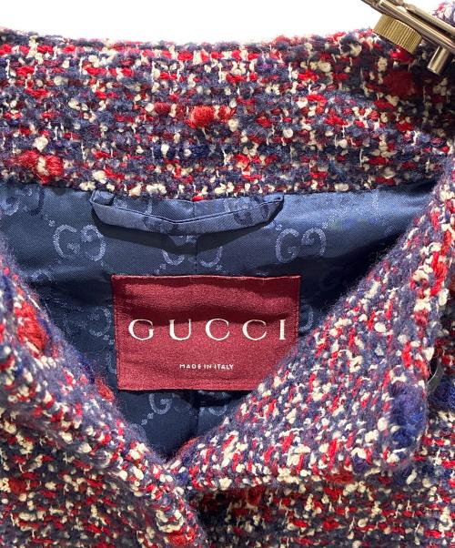 GUCCI（グッチ）GUCCI (グッチ) ノーカラーツイードジャケット レッド×ブルー サイズ:38の古着・服飾アイテム