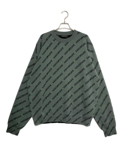 BALENCIAGA（バレンシアガ）BALENCIAGA (バレンシアガ) ロゴ総柄 クルーネック 長袖ニット セーター グリーン サイズ:XSの古着・服飾アイテム