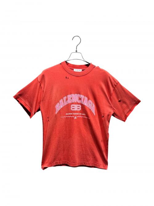 BALENCIAGA（バレンシアガ）BALENCIAGA (バレンシアガ) ダメージ加工カレッジロゴTシャツ レッド サイズ:Sの古着・服飾アイテム