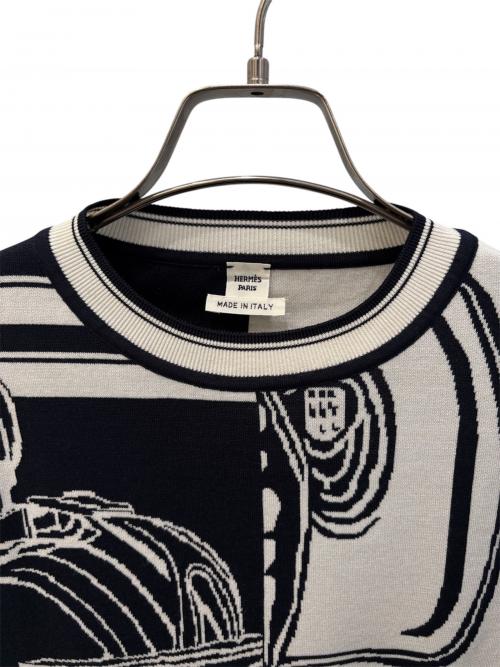 HERMES（エルメス）HERMES (エルメス) 無秩序半袖ニット/EN DESORDRE FINESSE ホワイト×ネイビー サイズ:38の古着・服飾アイテム