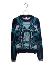HERMES（エルメス）の古着「総柄カシミヤニット/All-over pattern cashmere knit/	3H2620DD」｜ネイビー×グリーン