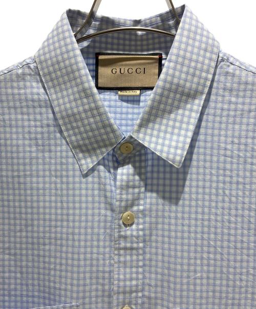 GUCCI（グッチ）GUCCI (グッチ) ベアワッペンギンガムチェックシャツ/738306 ZANGD スカイブルー サイズ:46の古着・服飾アイテム