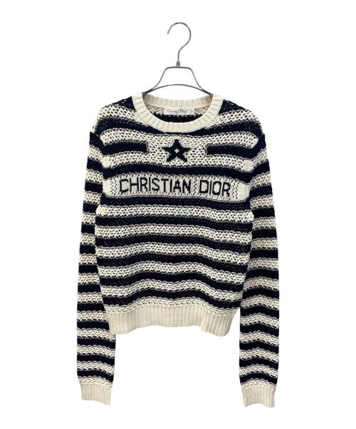 Christian Dior（クリスチャン ディオール）Christian Dior (クリスチャン ディオール) ローゲージボーダーロゴニット アイボリー×ネイビー サイズ:42の古着・服飾アイテム