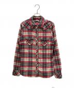 CHROME HEARTSクロムハーツ）の古着「LOOSE ENDS L/S｜スターボタン クロスレザーパッチシャツ」｜レッド×アイボリー×グレー