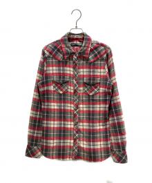 CHROME HEARTS（クロムハーツ）の古着「LOOSE ENDS L/S｜スターボタン クロスレザーパッチシャツ」｜レッド×アイボリー×グレー