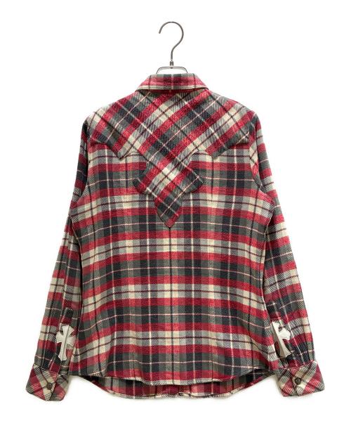 CHROME HEARTS（クロムハーツ）CHROME HEARTS (クロムハーツ) LOOSE ENDS L/S｜スターボタン クロスレザーパッチシャツ レッド×アイボリー×グレー サイズ:SMの古着・服飾アイテム