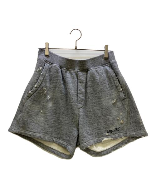 DSQUARED2（ディースクエアード）DSQUARED2 (ディースクエアード) ダメージ加工スウェットショートパンツ 2022年モデル ロゴプリント グレー サイズ:Sの古着・服飾アイテム