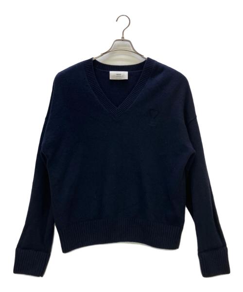 ami（アミ）ami (アミ) 厚手ニット エンボスロゴ Vネックニット ネイビー サイズ:XLの古着・服飾アイテム