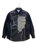 FenG CHen WANGフェンチェンワン）の古着「RAW EDGE PATCHWORK DENIM SHIRT / JACKE」｜ブラック