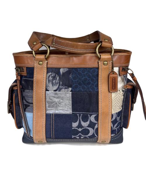 COACH（コーチ）COACH (コーチ) トートバッグ　シグネチャー デニム ブラウン×ネイビーの古着・服飾アイテム
