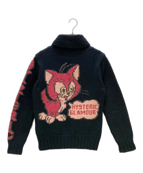 Hysteric Glamour（ヒステリックグラマー）Hysteric Glamour (ヒステリックグラマー) ニットジャケット ジップカウチン/キャットデザイン ブラック×ピンク サイズ:Freeの古着・服飾アイテム