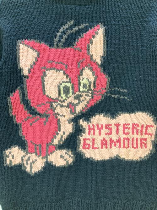Hysteric Glamour（ヒステリックグラマー）Hysteric Glamour (ヒステリックグラマー) ニットジャケット ジップカウチン/キャットデザイン ブラック×ピンク サイズ:Freeの古着・服飾アイテム