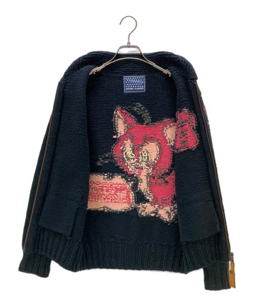 Hysteric Glamour（ヒステリックグラマー）Hysteric Glamour (ヒステリックグラマー) ニットジャケット ジップカウチン/キャットデザイン ブラック×ピンク サイズ:Freeの古着・服飾アイテム
