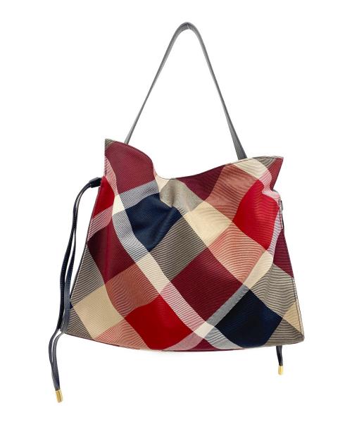 BURBERRY BLUE LABEL（バーバリーロンドンブルーレーベル）BURBERRY BLUE LABEL (バーバリーロンドンブルーレーベル) クレストブリッジチェック ギャザーバック レッド×ネイビーの古着・服飾アイテム