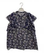ANAYIアナイ）の古着「ラインフラワープリントラッフルソデブラウス」｜ネイビー