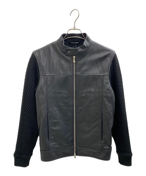 MEN'S BIGI（メンズビギ）MEN'S BIGI (メンズビギ) 袖ニット切替スタンドカラーレザージャケット ブラック サイズ:Mの古着・服飾アイテム