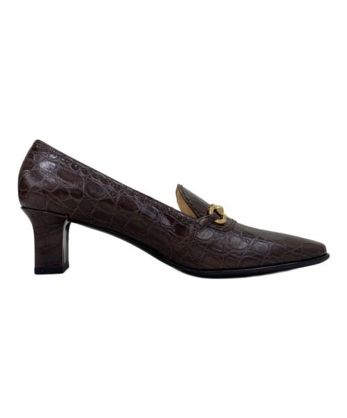 Salvatore Ferragamo（サルヴァトーレ フェラガモ）Salvatore Ferragamo (サルヴァトーレ フェラガモ) クロコ型押しヒールパンプス ブラウン サイズ:9の古着・服飾アイテム