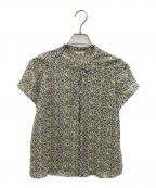 AMACAアマカ）の古着「半袖フラワープリント比翼ブラウス」｜ベージュ×グリーン