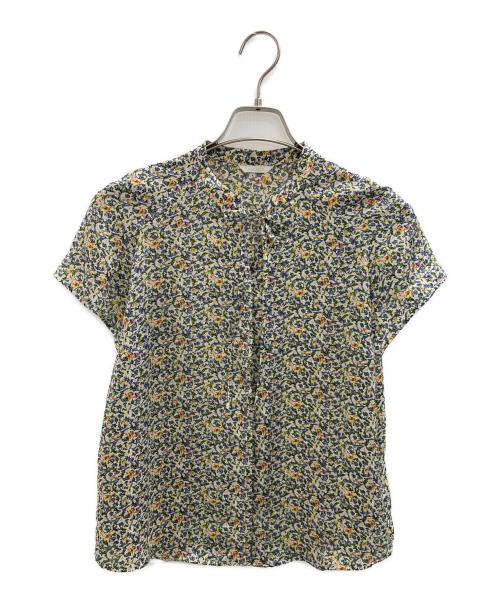 AMACA（アマカ）AMACA (アマカ) 半袖フラワープリント比翼ブラウス ベージュ×グリーン サイズ:38の古着・服飾アイテム