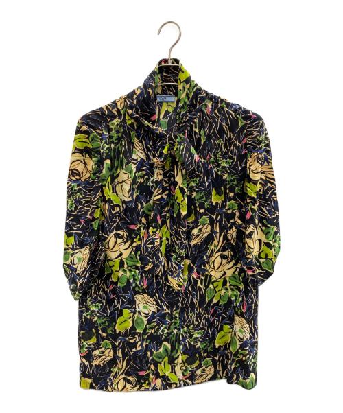 PRADA（プラダ）PRADA (プラダ) リーフプリントボウタイブラウス ブラック×グリーン サイズ:M (40)の古着・服飾アイテム