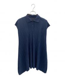 PLEATS PLEASE（プリーツプリーズ）の古着「チュニック丈半袖プリーツブラウス」｜ネイビー