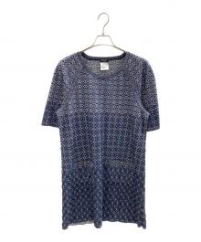 CHANEL（シャネル）の古着「ラメニット5分袖ワンピース」｜ネイビー×グレー