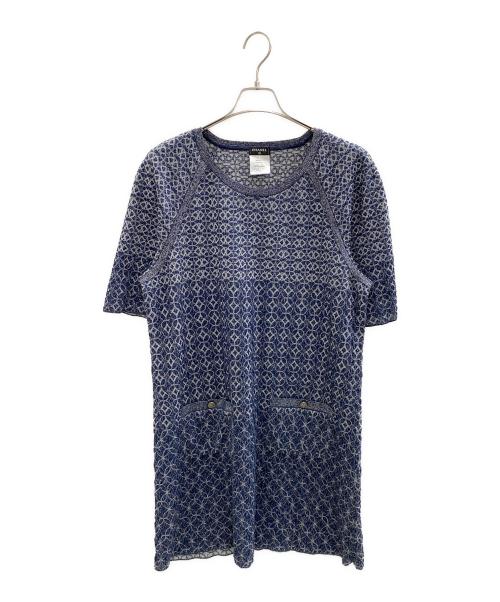 CHANEL（シャネル）CHANEL (シャネル) ラメニット5分袖ワンピース ネイビー×グレー サイズ:44の古着・服飾アイテム