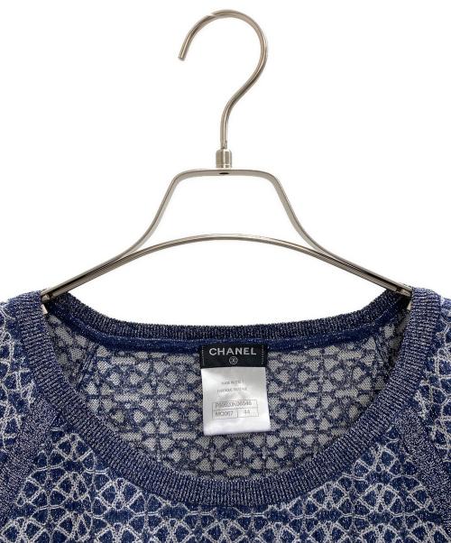 CHANEL（シャネル）CHANEL (シャネル) ラメニット5分袖ワンピース ネイビー×グレー サイズ:44の古着・服飾アイテム