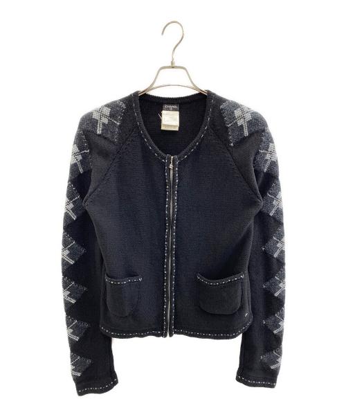 CHANEL（シャネル）CHANEL (シャネル) ステッチワーク・ジップカーディガン ブラック サイズ:L (42)の古着・服飾アイテム