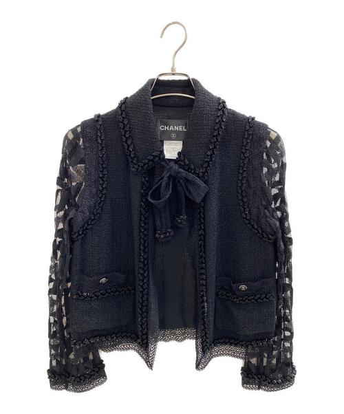 CHANEL（シャネル）CHANEL (シャネル) ツイードレーススリーブジャケット ブラック サイズ:M (40)の古着・服飾アイテム