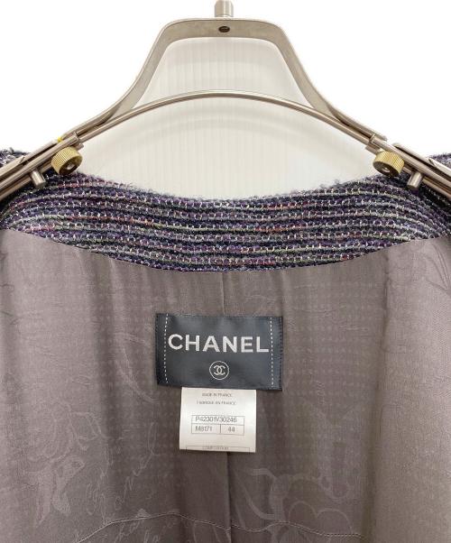 CHANEL（シャネル）CHANEL (シャネル) 00's ツイードノーカラーコート ブラック×パープル サイズ:44の古着・服飾アイテム