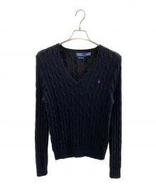 POLO RALPH LAUREN（ポロ・ラルフローレン）の古着「ケーブルニット コットン Vネック セーター」｜ブラック
