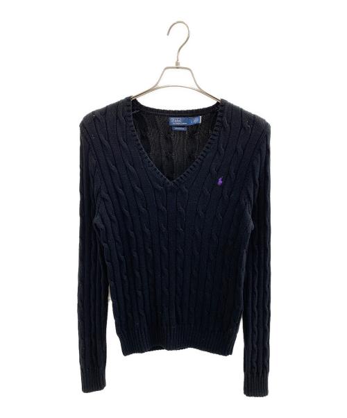 POLO RALPH LAUREN（ポロ・ラルフローレン）POLO RALPH LAUREN (ポロ・ラルフローレン) ケーブルニット コットン Vネック セーター ブラック サイズ:Lの古着・服飾アイテム
