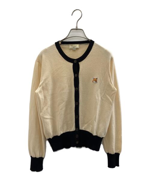 maison kitsune（メゾンキツネ）maison kitsune (メゾンキツネ) ウール ロゴ刺しゅう クルーネックカーディガン ベージュ×ブラック サイズ:Freeの古着・服飾アイテム