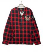 VANSONバンソン）の古着「チェックジップカーディガン」｜レッド×ブラック