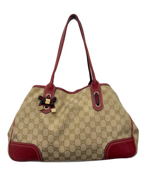 GUCCI（グッチ）GUCCI (グッチ) GGキャンバスハンドバッグ レッド×ベージュの古着・服飾アイテム