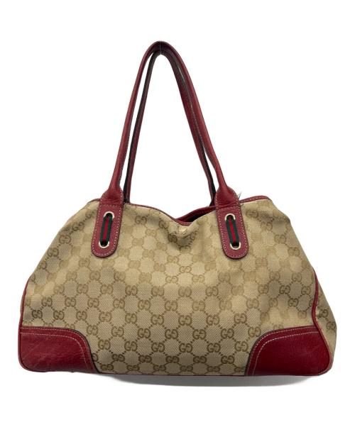 GUCCI（グッチ）GUCCI (グッチ) GGキャンバスハンドバッグ レッド×ベージュの古着・服飾アイテム