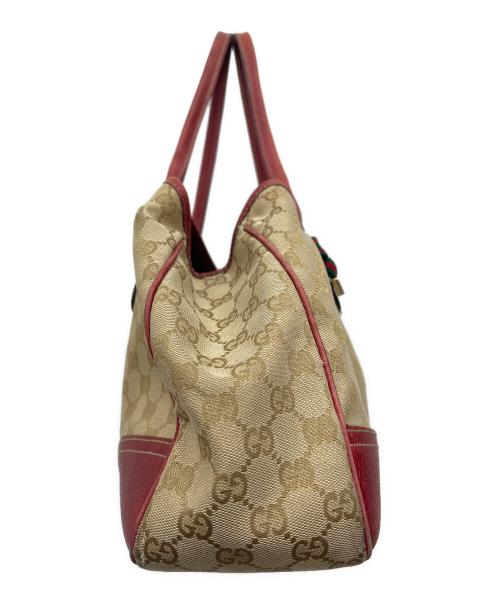 GUCCI（グッチ）GUCCI (グッチ) GGキャンバスハンドバッグ レッド×ベージュの古着・服飾アイテム