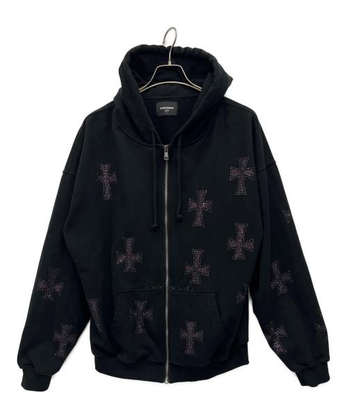 unknown（アンノーン）unknown (アンノーン) クロス ラインストーンジップパーカー ブラック×ピンク サイズ:XLの古着・服飾アイテム