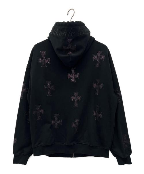 unknown（アンノーン）unknown (アンノーン) クロス ラインストーンジップパーカー ブラック×ピンク サイズ:XLの古着・服飾アイテム