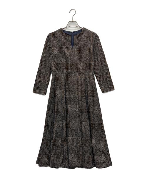 ANAYI（アナイ）ANAYI (アナイ) フロッキーチェックキーネックフレアワンピース ブラウン サイズ:38の古着・服飾アイテム