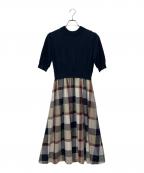 BLUE LABEL CRESTBRIDGEブルーレーベルクレストブリッジ）の古着「チェックドレープツイル ニットコンビマキシワンピース」｜ネイビー×ベージュ