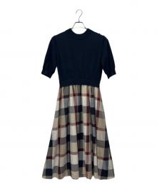 BLUE LABEL CRESTBRIDGE（ブルーレーベルクレストブリッジ）の古着「チェックドレープツイル ニットコンビマキシワンピース」｜ネイビー×ベージュ