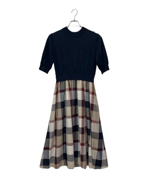 BLUE LABEL CRESTBRIDGE（ブルーレーベルクレストブリッジ）BLUE LABEL CRESTBRIDGE (ブルーレーベルクレストブリッジ) チェックドレープツイル ニットコンビマキシワンピース ネイビー×ベージュ サイズ:36の古着・服飾アイテム