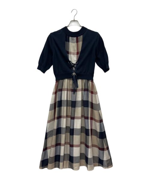 BLUE LABEL CRESTBRIDGE（ブルーレーベルクレストブリッジ）BLUE LABEL CRESTBRIDGE (ブルーレーベルクレストブリッジ) チェックドレープツイル ニットコンビマキシワンピース ネイビー×ベージュ サイズ:36の古着・服飾アイテム