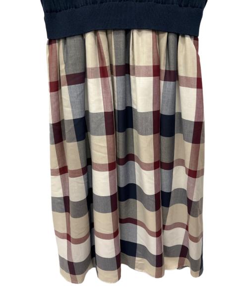 BLUE LABEL CRESTBRIDGE（ブルーレーベルクレストブリッジ）BLUE LABEL CRESTBRIDGE (ブルーレーベルクレストブリッジ) チェックドレープツイル ニットコンビマキシワンピース ネイビー×ベージュ サイズ:36の古着・服飾アイテム