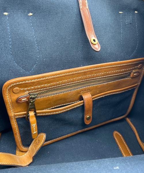 POLO RALPH LAUREN（ポロ・ラルフローレン）POLO RALPH LAUREN (ポロ・ラルフローレン) キャンバストートバッグ ブルー×ブラウンの古着・服飾アイテム