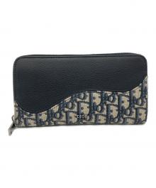 Dior（ディオール）の古着「サドルロングジップウォレット グレインドカーフスキン マーケトリー & ディオール オブリーク ジャカード」｜ブラック×ベージュ