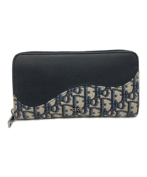 Dior（ディオール）Dior (ディオール) サドルロングジップウォレット グレインドカーフスキン マーケトリー & ディオール オブリーク ジャカード ブラック×ベージュの古着・服飾アイテム